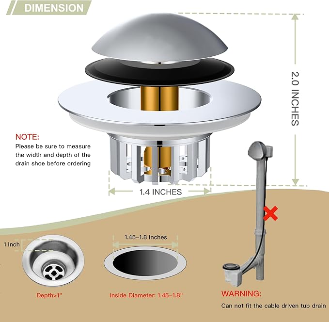 Tub Stopper, Bathtub Drain Stopper, Bathroom Sink Stopper, Pop-up Drain Stopper, Bathroom Drain Plug, Bathtub Drain Stopper, Bathtub Plug for 1-1/2 to 1-3/4" Bath Drain Hole, Easy to Install & Clean