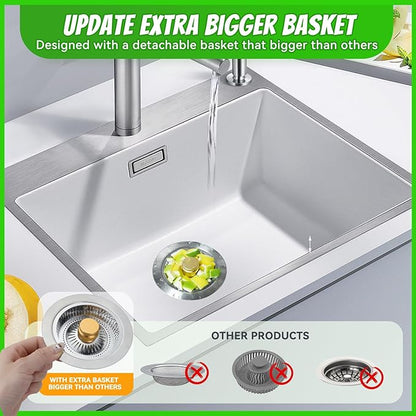 Kitchen Sink Drain Strainer, Pop-up Sink Stoppers, 3 in 1 Sink Drain Strainer, Upgraded Larger Sink Strainer Filter Basket, Cleaning Brush for US Sink Standard 3-1/2 Inch Drain Strainers
