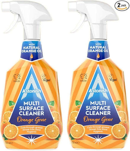 Astonish Specialist Multi Surface Cleaner - Orange Grove Scented Heavy Duty Kitchen Cleaner - Cruelty Free Cuts Through Grease And Stains On Kitchen Surfaces & Oven Doors, 750ml Spray Bottle, 2PK