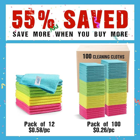 HOMEXCEL Microfiber Cleaning Cloth,100 Pack Cleaning Rags, Cleaning Towels with 4 Color Assorted, 11.5"X11.5" Shop Towels (Green/Blue/Yellow/Pink)