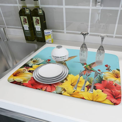 Kawani Spring Hummingbirds Floral Dish Drying Mat for Kitchen Counter 18x24 In Spring Hibiscus Tropical Drying Mat Fast Dry Absorbent Microfiber Dish Drainer Rack Pad Flower Mat for Countertop Decor