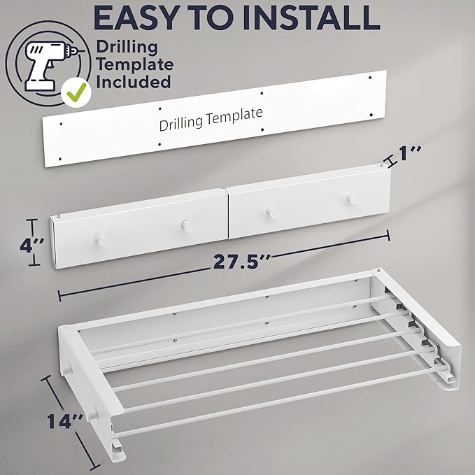 Delfori Foldable Wall Mounted Drying Rack 28 inch - Easy to Install Hanging Rack for Laundry Room - Space Saving Design with 55-lb Capacity - Perfect Drying Racks for Clothes Towels & More