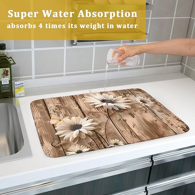 Summer Daisy Flowers Dish Drying Mat for Kitchen Counter 16x18in Rustic Wood Floral Kitchen Mat Daisy Microfiber Absorbent Dish Drainer Mat Fast Dry Kitchen Accessories Dishes Pad for Countertops