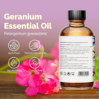 GM Gumili Geranium Essential Oil 4 Oz, 100% Pure Geranium Oil for Diffuser, Skin, Hair, Face, Soap & Candle Making, Aromatherapy & Massage