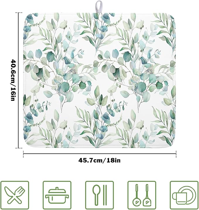 Watercolor Sage Leaves Dish Drying Mats for Kitchen Counter 16x18 Inch,Spring Leaves Kitchen Drying Mat,Sage Herbs Dishes Pad Dish Drainer Rack Mats Absorbent Fast Dry Kitchen Accessories