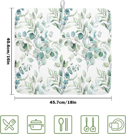 Watercolor Sage Leaves Dish Drying Mats for Kitchen Counter 16x18 Inch,Spring Leaves Kitchen Drying Mat,Sage Herbs Dishes Pad Dish Drainer Rack Mats Absorbent Fast Dry Kitchen Accessories