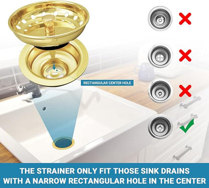 KONE Sink Drain Strainer Gold Sink Stopper and Strainer Stainless Steel Kitchen Sink Strainer Basket Replacement for 3-1/2 Inch Kitchen Sink, with Metal Center Knob and Rubber Drain Stopper