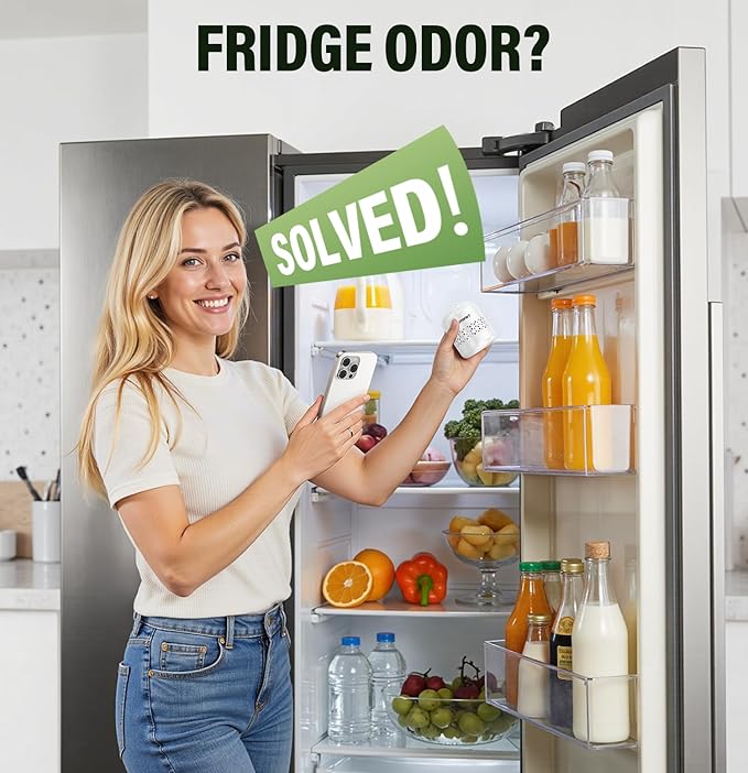 Refrigerator Deodorizer - 10-Year Odor Eliminator for Refrigerator & Freezer, No Baking Soda Needed, Neutralizes Food Smells, Space-Saving Air Filter White