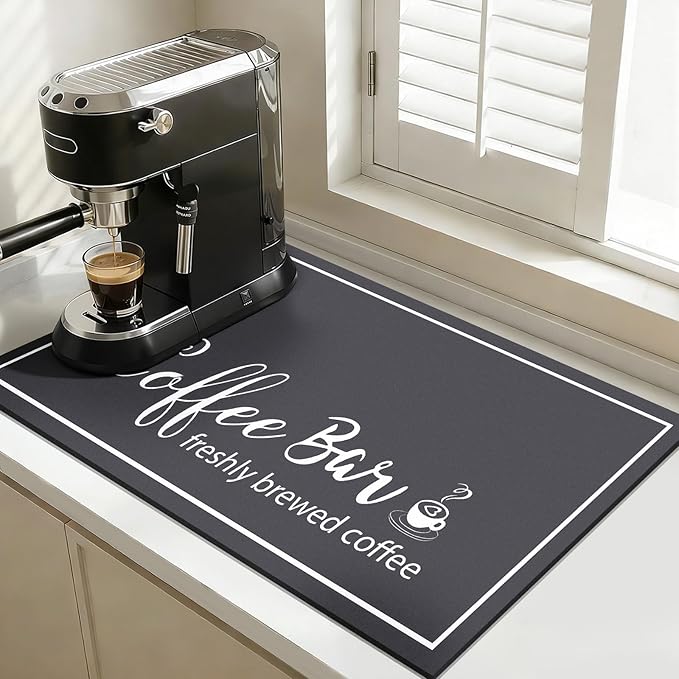 Findosom Dish Drying Mat, 12"x 20" Super Absorbent & Hide Stain Coffee Mat, Cuttable Drying Mat for Kitchen Counter, Coffee Bar Accessories, Under Dish Rack, Coffee Maker, Espresso Machine, DarkGrey