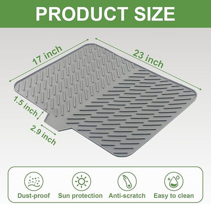 Silicone Drying Mat, 23"X17" With Built-in Drain Lip,Heat-Resistant,Eco-friendly,Hygienic Drying Pad,Leak-Proof and Non-Slip,Silicone Dish Drying Mat for Kitchen Counter or Sink（Gray 23X17）