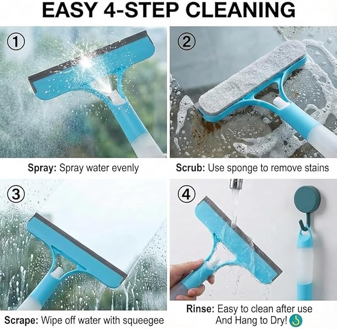 2 Pack 3 in 1 Window Cleaning Scraper, Window Squeegee with Sprayer, Window Squeegee Cleaner Tool with Built-in Spray Bottle for Car Windows Mirrors Shower Glass Bathroom Tiles Home Kitchen Flooring