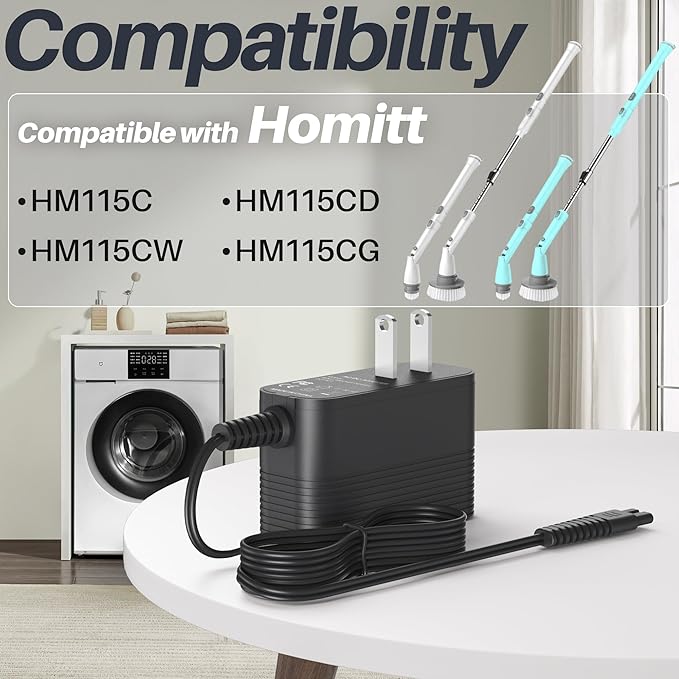 9V Charger for Homitt Electric Spin Scrubber Power Cord for Homitt Scrubber Charger Power Supply for Scrubber Compatible with Homitt HM115C, HM115CW, HM115CD,HM115CG HM204C Power Scrubber AC Adapter