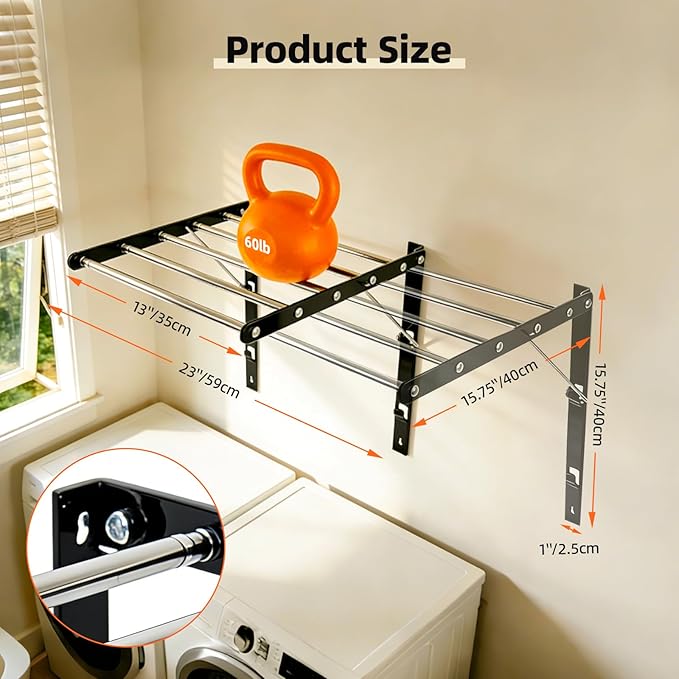 Wall Mounted Drying Rack, Pre-Install Adjustable Width 13-23 Inch, 60 lbs Heavy Duty Foldable Laundry Rack, Space Saving Stainless Steel for Apartment Laundry Room Bathroom, Black