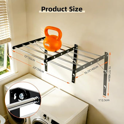 Wall Mounted Drying Rack, Pre-Install Adjustable Width 13-23 Inch, 60 lbs Heavy Duty Foldable Laundry Rack, Space Saving Stainless Steel for Apartment Laundry Room Bathroom, Black