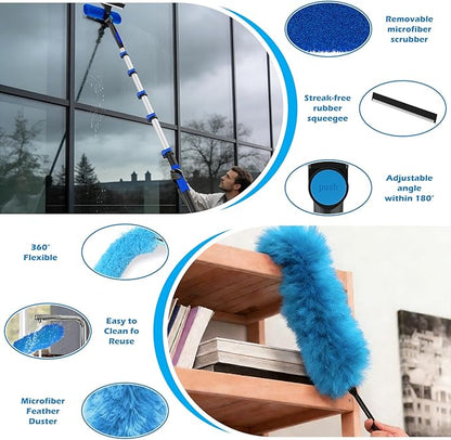 25FT Reach High Ceiling Duster Kits with 5-20FT Adjustable Pole - Includes Extra Long Duster, High Ceiling Duster, Rotatable Window Squeegee & Cobweb Duster for Ceiling Fans and Whole House Cleaning