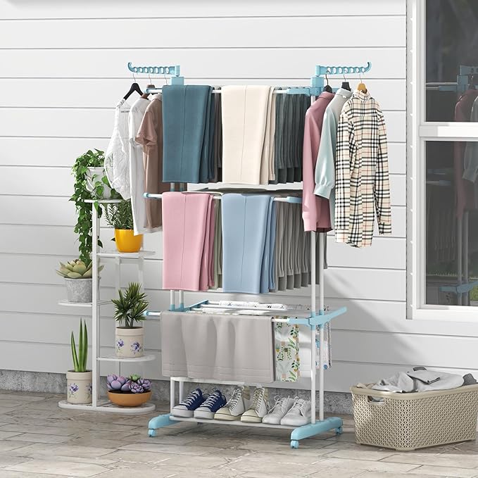 Giantex Foldable Clothes Drying Rack, Oversized 4-Tier Collapsible Laundry Rack w/ 3 Retractable Trays, Hanger Holders, Moveable Laundry Garment Dryer Stand w/Wheels for Indoor Outdoor Use, Blue