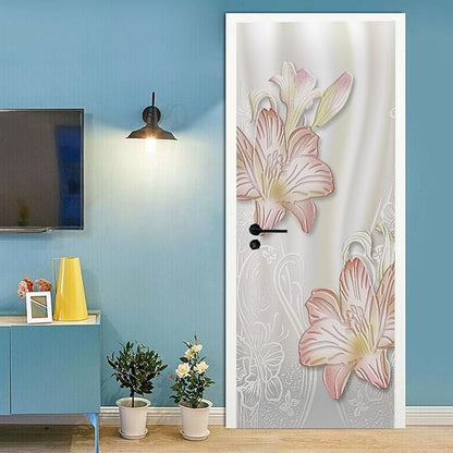 A.Monamour 3D Door Stickers for Interior Doors Lilies Floral Background Vinyl Waterproof Self Adhesive Door Mural Decals for Bedroom Office Bathroom 77x200cm