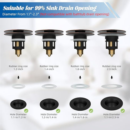 Hibbent All Metal 2 in 1 Bathroom Sink Stopper, Universal Pop Up Drain Strainer, Brass Bullet Core Push Type Stopper for 1.1''~2.3'' Basin, Big Push Button, Anti Clogging Filter, Oil-Rubbed Bronze
