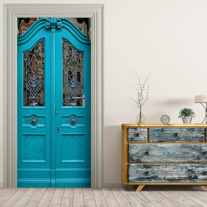 3D Door Stickers Murals Peel and Stick Wallpaper -Blue Door- PVC Self-Adhesive Door Decals Removable Waterproof Poster for Bedroom Living Room Home Door Wall Decoration 37.4x84.6 inch