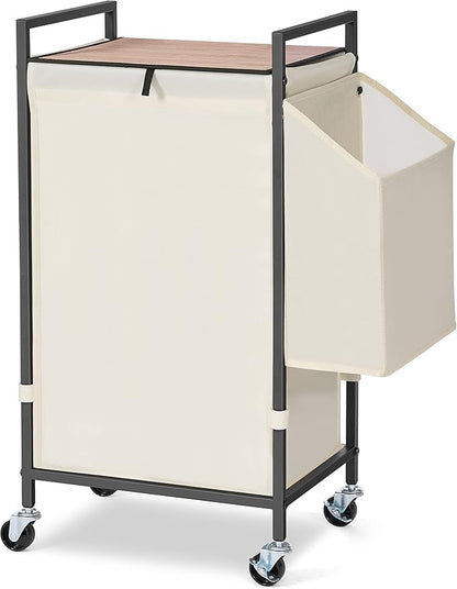 Laundry Hamper with Rustic Brown Lid & Wheels; 96L Large Rolling Laundry Basket with Removable Oxford Liner Bag; Tall Freestanding Dirty Clothes Hamper with Side Pocket; Metal Frame Laundry Cart