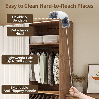 HAMEINY Feather Duster for Cleaning Microfiber Furniture Dusters with Extension Pole 100 Inch High Ceiling Fan Cleaning 5-in-1 Extendable Long Cobweb Duster Car Wall Spider Web Dust Brush