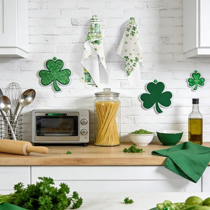 St Patricks Day Kitchen Towels, 4PCS Clover Floral Basket Dish Towels Gifts for Cooking Cleaning, Shamrock Absorbent Tea Towel with Hanging Loop for Home Decor(16 X 24 Inches)