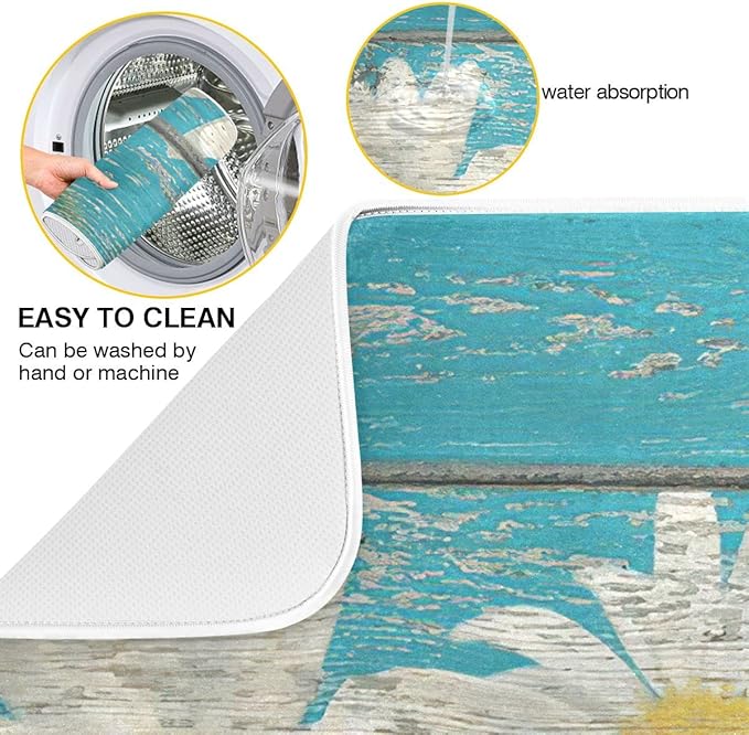 Daisy On Old Wooden Board Dish Drying Mat for Kitchen Counter Turquoise Wood Drying Mat 16 x 18 Inch with High Absorbent Reversible Microfiber Dish Drying Pad Drainer Mat for Coffee Bar