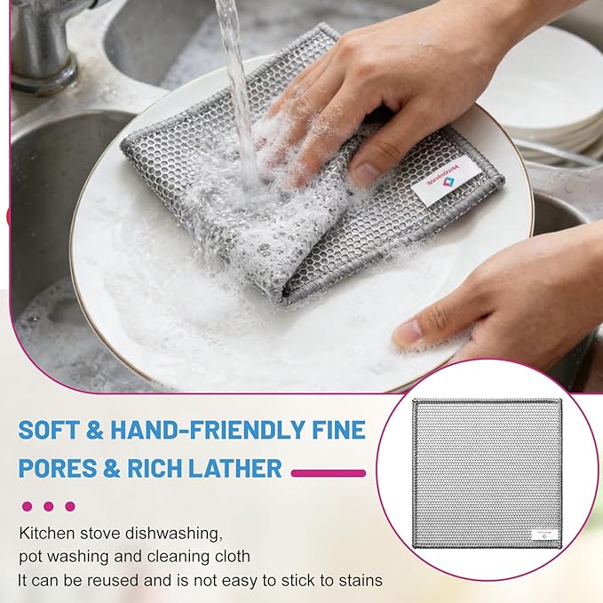 Wangjinpeng12 Pcs New Upgrade 3-Layer Metal Dish Cloths, Non-Scratch Odor-Free Multipurpose Wire Dishwashing Rags for Wet Dry Use, Kitchen Cleaning Cloths for Dishes, Sinks & Stove Tops(7.87X7.87)