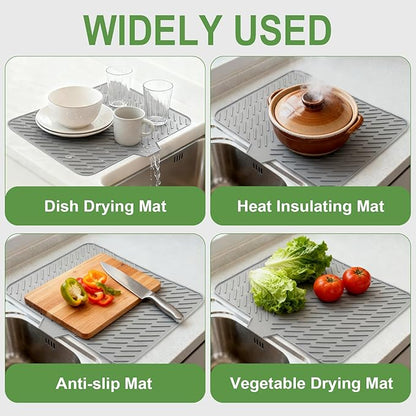 Silicone Drying Mat, 23"X17" With Built-in Drain Lip,Heat-Resistant,Eco-friendly,Hygienic Drying Pad,Leak-Proof and Non-Slip,Silicone Dish Drying Mat for Kitchen Counter or Sink（Gray 23X17）