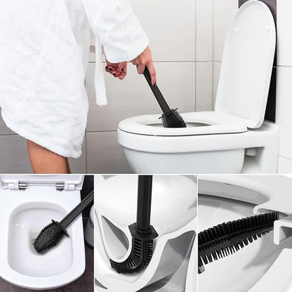 Silicone Toilet Brush and Holder Bendable Efficient Cleaning Wall Mounted Toilet Bowl Brush with Long Handle Brush Head and Silicone Bristles No Rusty Handles Problem