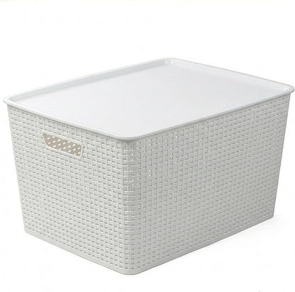 BINO | Plastic Storage Baskets with Lids, 45 Liter - 3 Pack, White | THE WOVEN COLLECTION | Storage Basket for Shelves | Woven Storage Baskets for Organizing Bins Pantry Shelf Organizer Container Bin