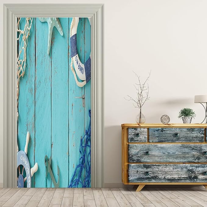 3D Door Stickers Murals Peel and Stick Wallpaper -Maritime Wooden Door- PVC Self-Adhesive Door Decal Removable Waterproof Poster for Bedroom Living Room Home Decoration 30.3x78.7 inch