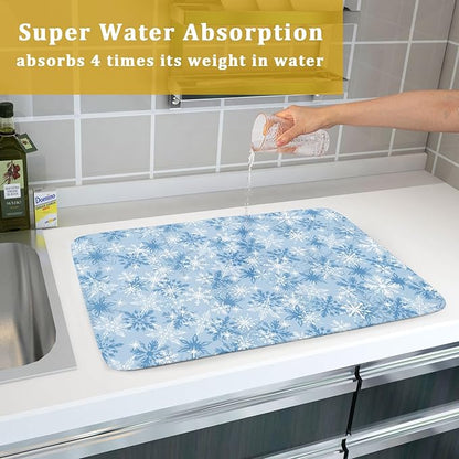 Winter Snowflake Dish Drying Mat for Kitchen Counter Blue White Christmas Snowflake Drying Mat 18x24 Inch Xmas Holiday Absorbent Dish Drainer Mat Christmas Kitchen Accessories