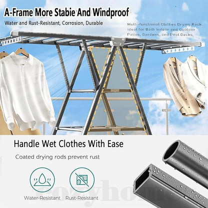 71" Clothes Drying Rack Foldable, Clothes Airer Drying Rack with Wheels, Heavy Duty Metal Laundry Dryer, Extra-Thick Free-Standing Design Indoor Outdoor Use