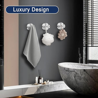 Silver Suction Cup Hooks for Shower Waterproof - No Drill Stainless Steel Towel Hooks for Bathroom Wall, Kitchen, Glass, Mirror, Tile - Ideal for Hanging Towels, Robes, and Loofahs(4 pcs)