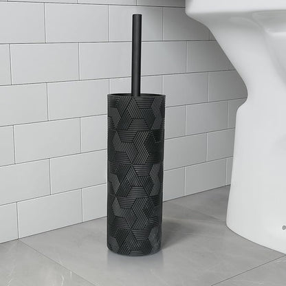 Matte Black Geo Design Resin Toilet Bowl Holder and Brush Set, Stylish Geometric Design with Durable Bristles, Compact and Modern