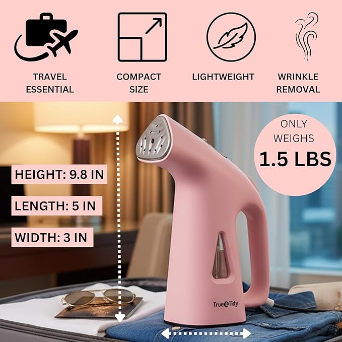True & Tidy Compact Handheld Garment Steamer for Clothes, Travel Steamer with Stainless Steel Nozzle, 800 watts, Pink