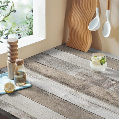 LXCREAT Faux Wood Butcher Block Contact Paper Shiplap Peel and Stick Wallpaper 17.5"X236", Natural Grey Wooden Self Adhesive Removable Vintage Wallpaper for Shelf Kitchen Home Walls Decoration