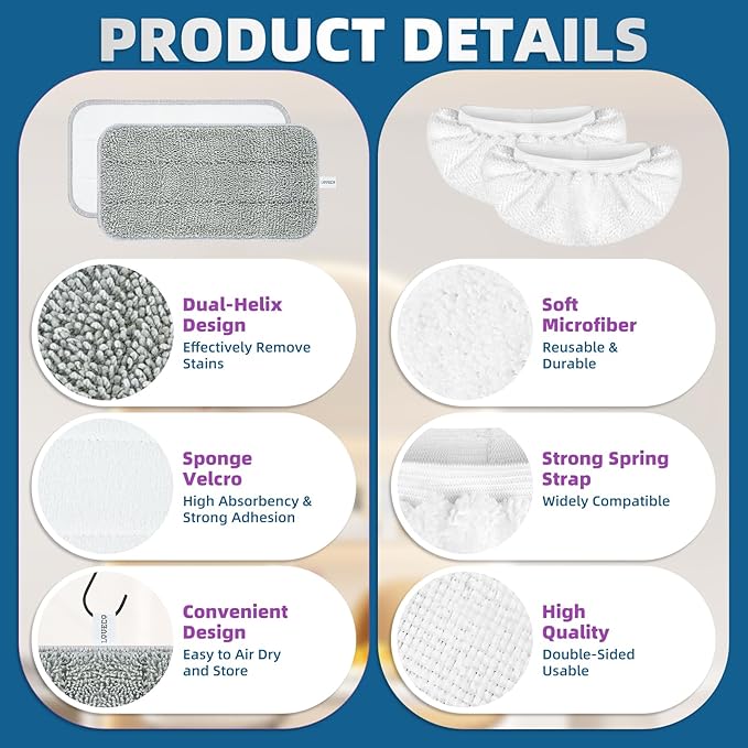 LOVECO Microfiber Steam Mop Pads Compatible with FEPPO, FODFINU & Seyola Steam Mop Cleaner - Washable and Reusable Steam Cleaner Pads for Floor Cleaning (4 Mop Pads + 4 Ironing Rags)