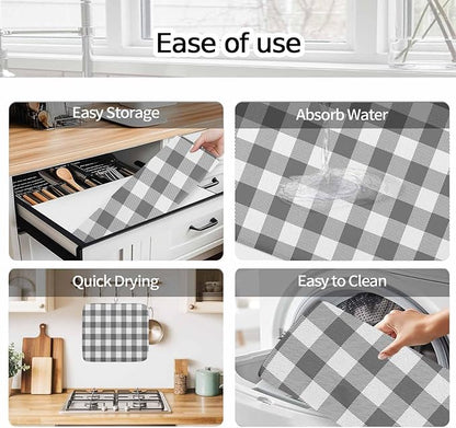Dish Drying Mat Gray Buffalo Check Plaid Drying Mats for Kitchen Counter Farmhouse Style Absorbent Microfiber Dish Drainer Quick Drying Coffee Mat with Hanging Loop, 16 x18 inch