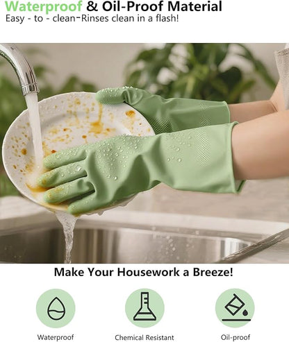 Rubber Cleaning Gloves for Dishwashing, 4 Pairs Reusable Kitchen Gloves for Washing Dishes with Non-Slip Grip