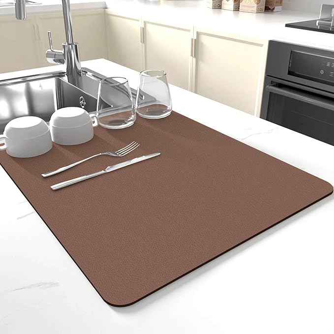 Dish Drying Mat for Kitchen Counter,Drying Mat for Dish Rack,Absorbent Hide Stain Rubber Mat,Coffee Mat, Kitchen Counter Mat(Brown, 17"x31.5")