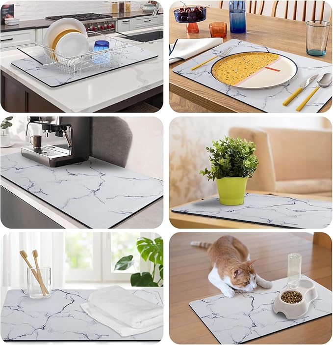 CooRug Marble Pattern Dish Drying Mat, Absorbent Coffee Bar Mat for Kitchen Counter, Non-slip Pad with Rubber Backed, Washable and Easy to Clean 12" x 20" Blue Marble