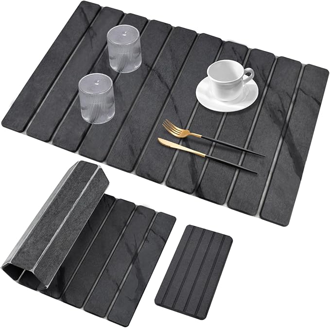 2 PCS Large Stone Dish Drying Mat for Kitchen Counter, 24"×16" Marble Dish Drying Mat with 8"x 4" Coasters, Non - Slip Collapsible Absorbent Mat for Multi - Purpose, Match Any Countertop【Dark Gary】