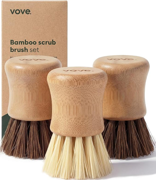 Vove Bamboo Scrub Brush Set, 3 Pack - FSC Certified Bamboo, Plastic-Free Natural Fiber Bristles, Sisal & Union Fibers, Stainless Steel - Kitchen Dish Scrubbing Set, 2 Hard, 1 Medium