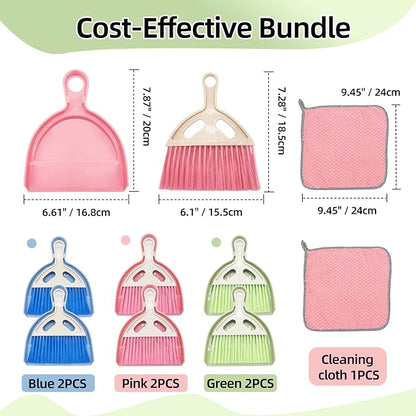 6Pcs Small Dust Pan and Brush Set with Cleaning Cloth - Blue & Green & Pink Brooms, Mini Hand Broom and Dustpan Set Whisk Dustpan Brush Kid Broom for Table Desk Car Keyboard