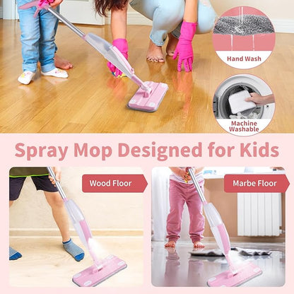 Kids Spray Mop,Fun & Functional Toddler Cleaning Set,Real Working Mop for Floors,Pretend Play – Includes Spray Bottle, 2 Washable Microfiber Pads, Montessori Kids Cleaning Toy Set -Pink