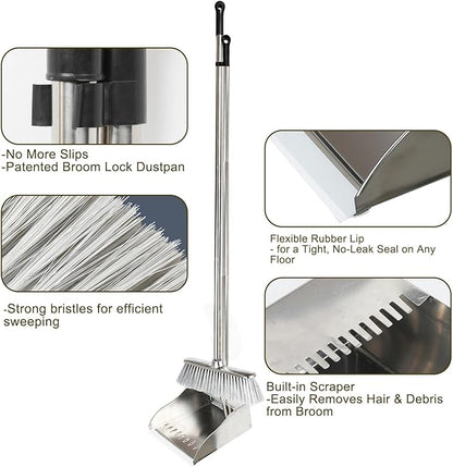 Metal Dustpan with Broom Set, Long Handle Stainless Steel Dustpan,Heavy Duty Standing Dust Pan with Teeth, Indoor Outdoor Up for Home Kitchen Lobby Room Office