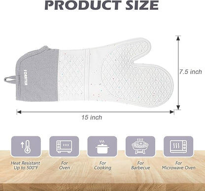 Extra Long Silicone Oven Mitts - Heat Resistant up to 500°F, 15'' Waterproof and Non-Slip Oven Gloves with Soft Quilted Liner - Perfect for BBQ, Cooking, Baking, and Grilling - 1 Pair, Light Grey