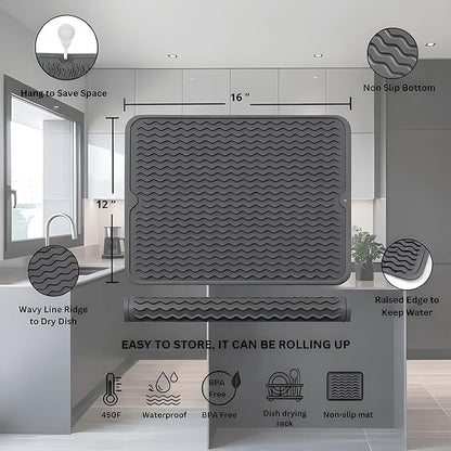 Silicone Drying Mat 16 × 12 – Dark Gray Non-Slip Sink Mat for Kitchen Counter, Heat-Resistant Food-Grade Dish Pad, Easy-Clean Multipurpose Drawer Liner (Dark Gray, 16'' x 12'')